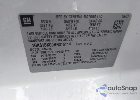 2017 GMC Yukon Slt z USA, uszkodzony, nr VIN 1GKS1BKC9HR316114